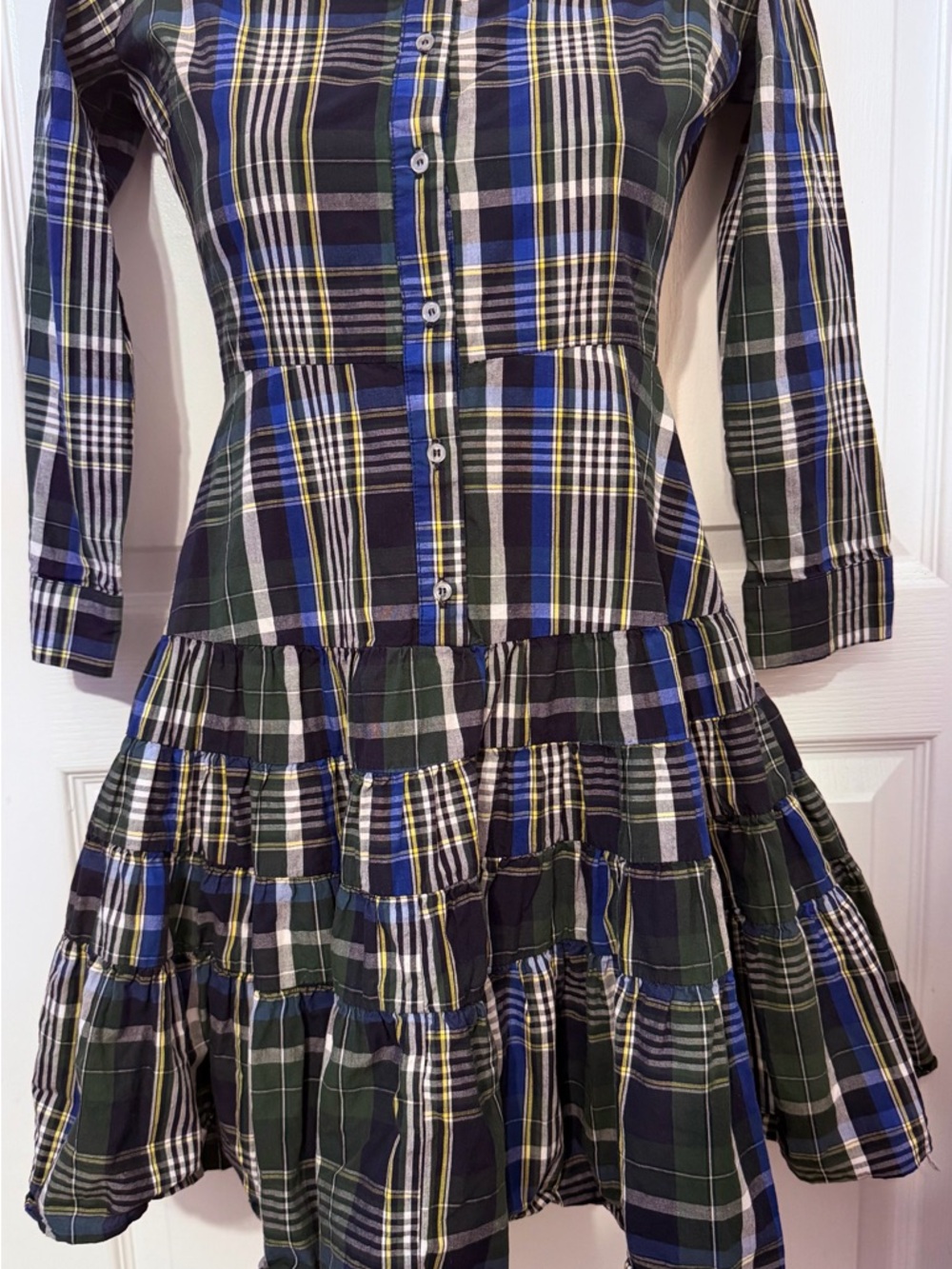 Plaid Tiered Button-Front Long Sleeve Dress in Green and Blue